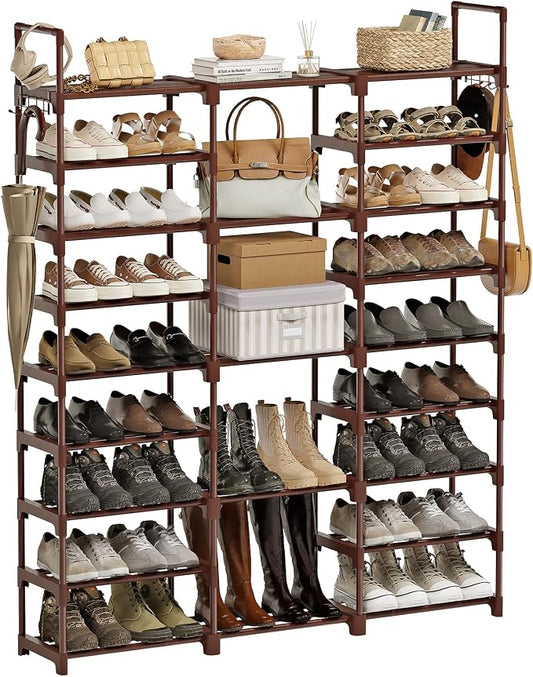 WOWLIVE 9 Tiers Shoe Rack Shoe Storage Shoe Organizer 30-35 Pairs Shoe Tower Unit Shelf Durable Metal Pipes with Plastic Connectors Stackable Cabinet Brown
