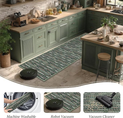 Kitchen Rugs Sets of 2-Non Slip Kitchen Mats for Floor-Thick Stain Resistant Vintage Kitchen Floor Mat Runner Carpet for Hallways Entryway Laundry Room Washable（Green 20"x47"+20"x32"）