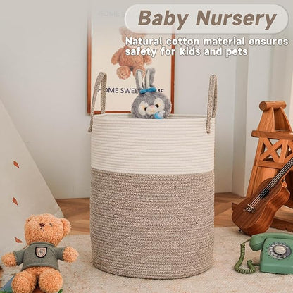 JMvicyroam Large Woven Laundry Basket Hamper,60L Cotton Rope Storage Bin for Blankets,Toys and Clothes,Decorative Tall Nursery Hamper for Living Room,Baby Nursery,Bathroom and Bedroom,Brown