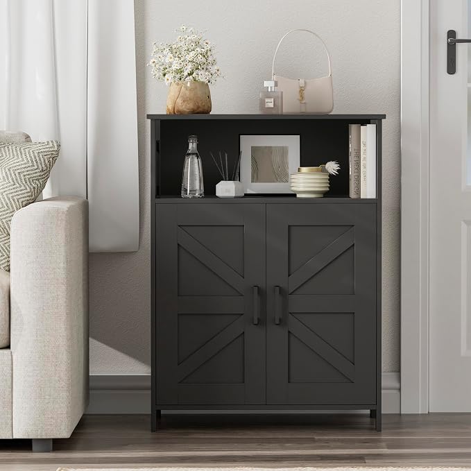 Homhedy Farmhouse Bathroom Storage Cabinet with 2 Doors, Toilet Paper Cabinet with Adjustable Shelf, Small Bathroom Cabinet for Kitchen/Laundry/Living Room, 11.8 x 23.6 x 31.5 Inches, Black
