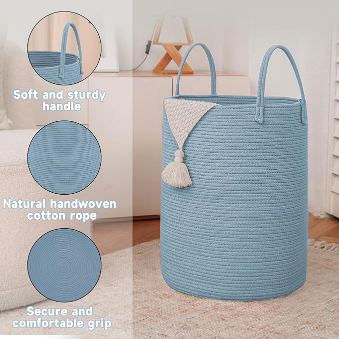 JMvicyroam Large Woven Laundry Basket Hamper,60L Cotton Rope Storage Bin for Blankets,Toys and Clothes,Decorative Tall Nursery Hamper for Living Room,Baby Nursery,Bathroom and Bedroom,Blue