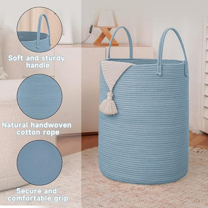JMvicyroam Large Woven Laundry Basket Hamper,60L Cotton Rope Storage Bin for Blankets,Toys and Clothes,Decorative Tall Nursery Hamper for Living Room,Baby Nursery,Bathroom and Bedroom,Blue
