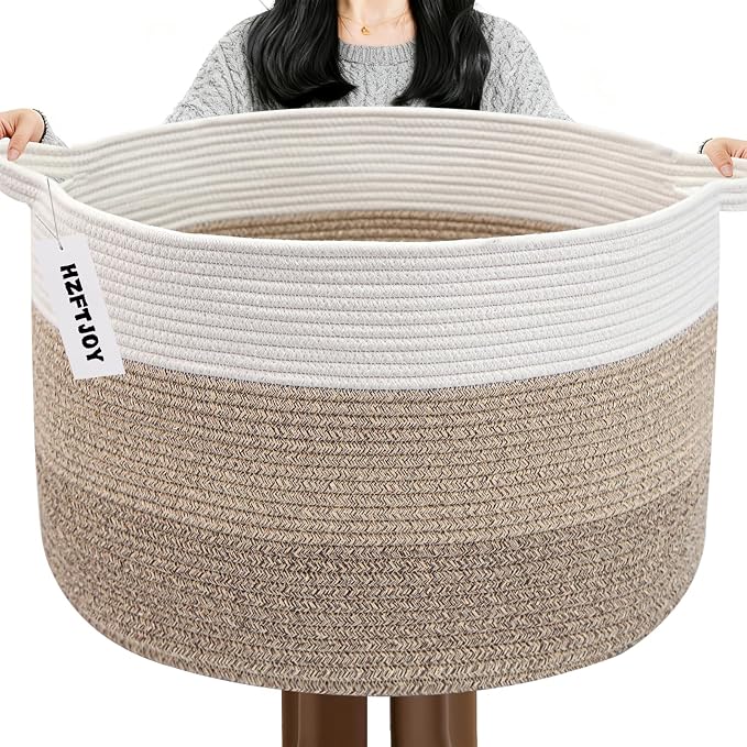 65L Large Blanket Basket,Woven Rope Laundry Basket Hamper with Handles,Decorative Nursery Basket Storage Bin for Toys, Pillows, Clothes Organizer, Living Room, Bedroom, Bathroom, Brown