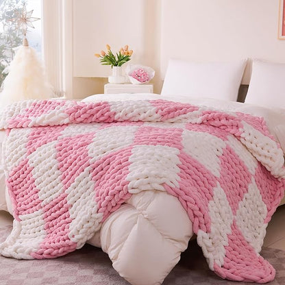 Admitrack Chunky Knit Blanket Throw 51"x63", 100% Hand Knit Chenille Throw Blanket for Sofa & Home Decor, Soft and Cozy Knitted Throw Blankets (Pink Checkered，51"x63")