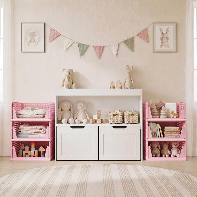 Pink Girl Closet Organizers and Storage Stackable Plastic Drawer Basket for Clothing Stackable Storage Bins Shelf Storage Container for RV Closet Wardrobe Bedroom Bathroom Playroom 6 Pack