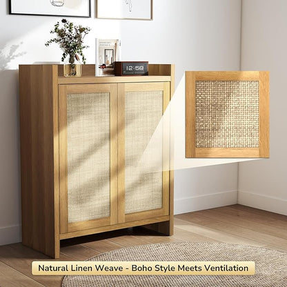 Boho 2 Doors Shoe Storage Cabinet for Entryway, Farmhouse Wooden Shoe Organizer for Front Door Entrance Hallway, Zapatero Organizador Rattan Shoes Cabinet (Oak, 2 Doors, 2 PCS)