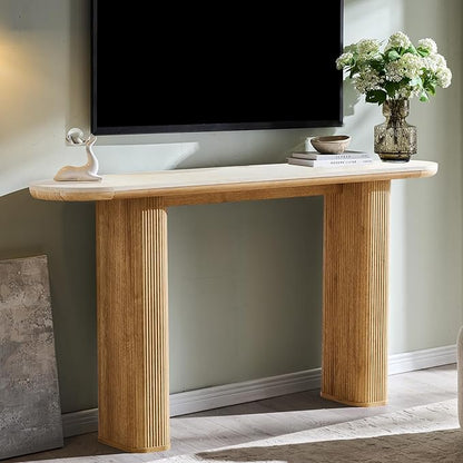 OKD 63 Inch Modern Console Table with Arc Faux Marble Texture Top, Fluted Wood Base, Contemporary Entryway Sofa Table for Living Room, Hallway, Foyer, Natural Oak
