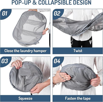 Seiritex Mesh Popup Laundry Hamper 3 Compartment Sortable Horizontal Collapsible Laundry Basket for Clothes Laundry Room Bedroom Toys Travel (Gray)