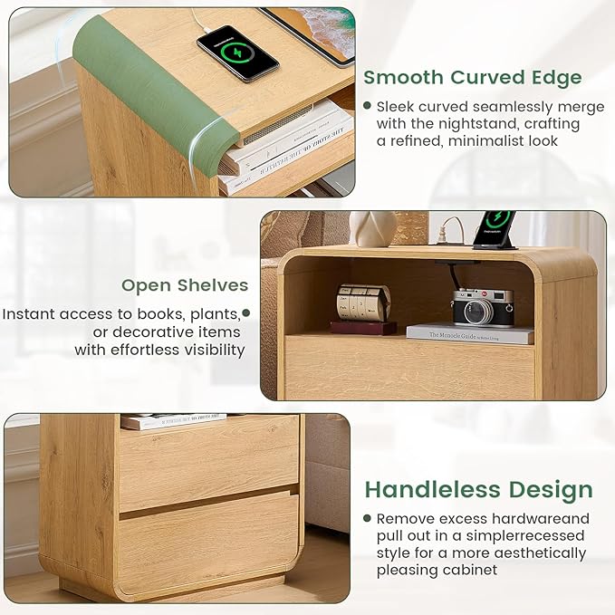 Modern Nightstand, 25" Tall Wood Bedside Table with Charging Station, 2 Storage Drawers Side Table, Large End Table Night Stand for Bedroom, Office, Sofa, Curved Profile Design, Natural
