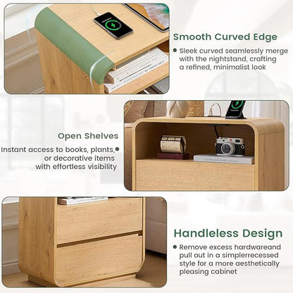 Modern Nightstand, 25" Tall Wood Bedside Table with Charging Station, 2 Storage Drawers Side Table, Large End Table Night Stand for Bedroom, Office, Sofa, Curved Profile Design, Natural