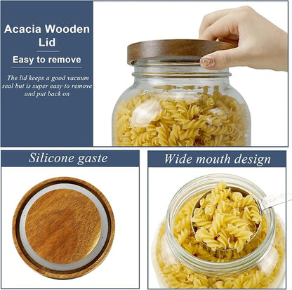 2 Pack Glass Flour Sugar Storage Containers with Acacia Wooden Lid, 1 Gallon Glass Jars with Airtight Lid, Wide Mouth Large Mason Jars 128oz for Rice, Pasta, Oats, Coffee Storage