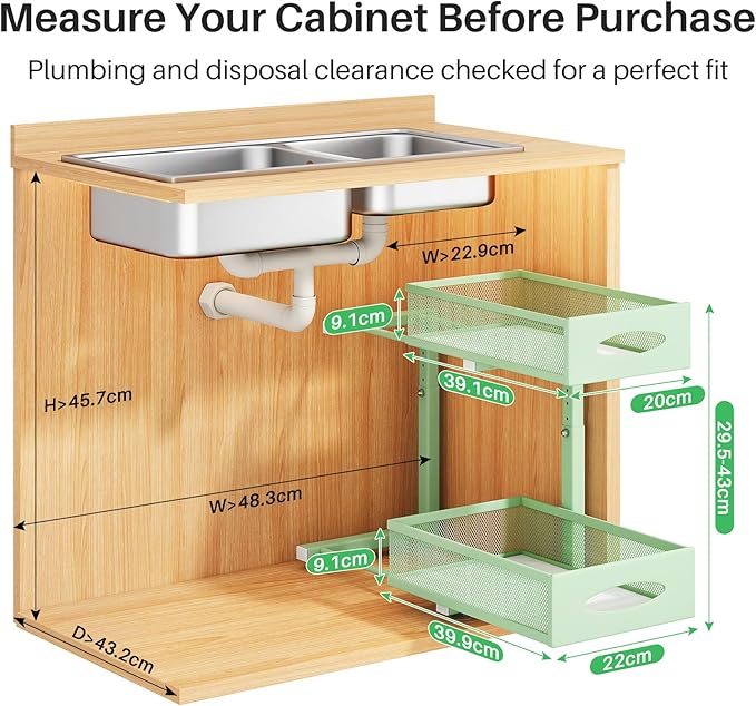 2 Pack Under Sink Organizer, 2 Tier Pull out Cabinet Organizer Mesh Baskets with 5 Adjustable Heights, Sliding Drawers Storage Shelf for Home, Kitchen, Bathroom, Pantry, Office, Countertop ,Green