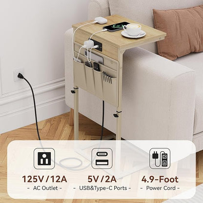 Vagusicc C Shaped End Table with Charging Station, 33" Tall Side Table for Couch, Sofa Table Adjustable Height Small Couch Side C Table, Slide Under Sofa Tray Table for Living Room, Bedroom, Natural