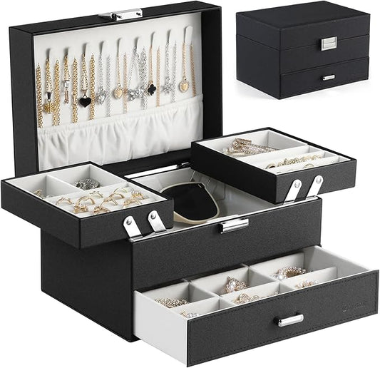 Dajasan Jewelry Organizer Box, Large Jewelry Boxes for Women Girls, Space-Saving 3 Layers Jewelry Storage Case with Drawer, Movable Metal Stand, Modern, Gift Idea (Black)