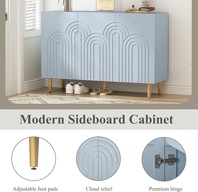 ARTPOWER 47" Accent Cabinet with Cloud Relief, Sideboard Buffet Cabinet with 3 Doors, Modern Decorative Credenza with Storage for Living Room, Kitchen, Dining Room, Hallway, Entryway, Blue