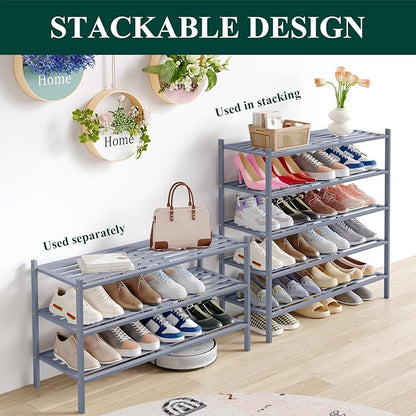 Smiry Long Bamboo Shoe Rack 3-Tier, Stackable Wooden Shoe Organizer for Entryway & Closet, Free Standing Wood Shoe Storage Shelf for Front Door & Small Spaces, Grey