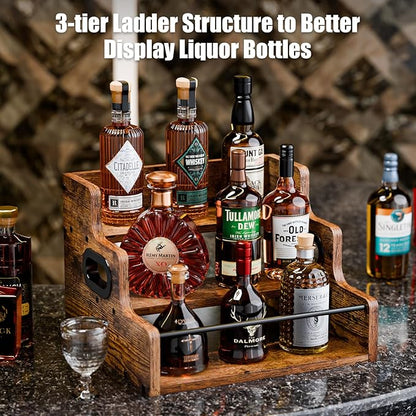 KLM Liquor Bottle Display Shelf, Coffee Syrup Rack Organizer, 3 Step Countertop Liquor Wine Rack, mini bar,liquor cabinet, Home Retro Bar Shelf Stand for Liquor Whiskey, Spirits