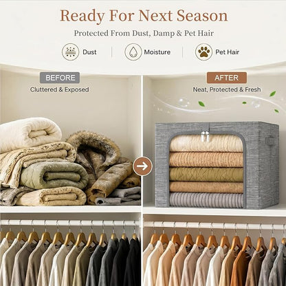 GoMaihe Clothes Storage Bin with Metal Frame: 6-Pack Stackable Closet Storage Bin with Lid & Clear Window, Sweater Boxes Storage for Closet Bedding Clothing Storage Organizer 40L