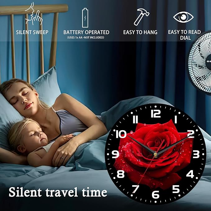 Wall Clock, 10 Inch Silent Non-Ticking Home Kitchen Decor, Battery Operated for Bathroom Bedroom Living Room Office(Red Roses)