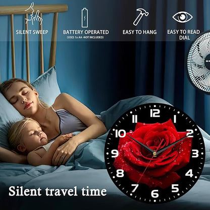 Wall Clock, 10 Inch Silent Non-Ticking Home Kitchen Decor, Battery Operated for Bathroom Bedroom Living Room Office(Red Roses)