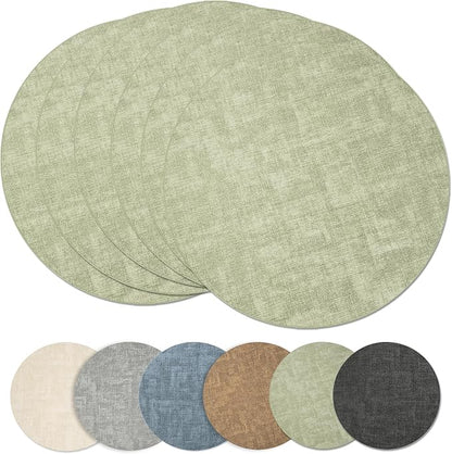 Maxpearl Round Placemats Set of 6, 13.8 inch Faux Leather Heat Resistant Table Mats, Non Slip Waterproof Wipeable Place Mats for Kitchen Dining Holiday Party Table Settings, Sage Green
