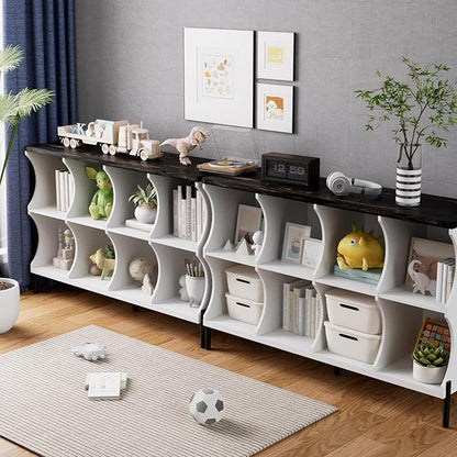 8 Cube Book Shelf, Low and Short Bookshelf, Long Cube Storage Organizer Wood TV Stand, Toy Organization DVD Cabinets for Living Room, Office, Bedroom, Dorm, White with Dark Brown Top
