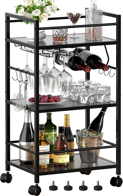 Bar Cart, Serving Cart for Home, Microwave Cart, Drink Cart, Mobile Kitchen Shelf with Wine Rack and Glass Holder, Rolling Beverage Cart for Dining Room, Grey