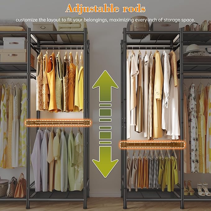 Raybee Portable Closet,Clothes Rack with 6 Hang Rods & 10 Shelves,Clothing Racks for Hanging Clothes,Metal Garment Rack for Bedroom,Large Capacity,Adjustable,Stury 77.9" W x 15.7" D x 76.8" H Black