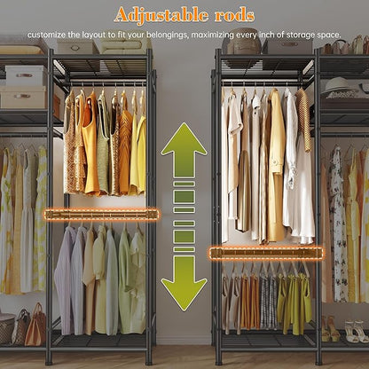 Raybee Portable Closet,Clothes Rack with 6 Hang Rods & 10 Shelves,Clothing Racks for Hanging Clothes,Metal Garment Rack for Bedroom,Large Capacity,Adjustable,Stury 77.9" W x 15.7" D x 76.8" H Black