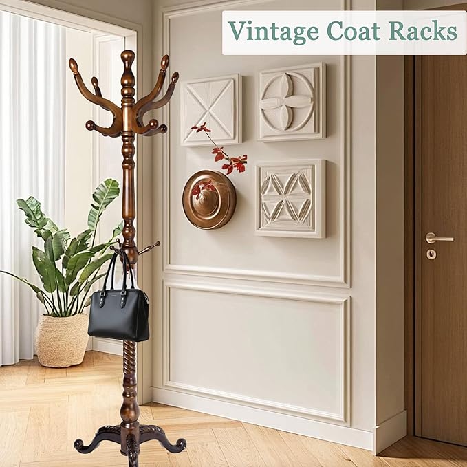Coat Rack Freestanding,Solid Wooden Coat Rack Stand with 3 Height Options,14 Hooks, Natural Birch Coat Tree Easy to assemble for Clothes Jacket Hat bag Entryway (mahogany) (retro)