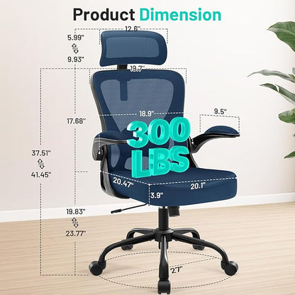 Office Chair - Ergonomic Desk Chair Breathable Mesh Chair with 2D Headrest & Adjustable Lumbar Support - Executive High Back Rolling Swivel Computer Gaming Chair with Wheels Flip-up Armrests