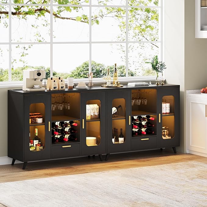 Bar Cabinet with Power Outlets, Modern Coffee Bar Sideboard with LED Light, Farmhouse Liquor Cabinet with Wine Rack, Glass Holder & Wine Storage, Black