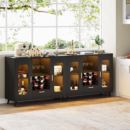 Bar Cabinet with Power Outlets, Modern Coffee Bar Sideboard with LED Light, Farmhouse Liquor Cabinet with Wine Rack, Glass Holder & Wine Storage, Black