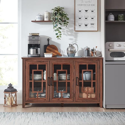 Large Sideboard Buffet Cabinet with Storage, 55" Farmhouse Kitchen Coffee Wine Bar Cabinet with 3 Glass Doors, Wood Mid Century Modern Side Board Table for Dining Room, Living Room,Brown