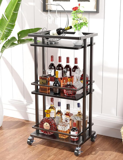 3 Tier Bar Cart for Home, Rolling Mini Liquor Bar for Wine Beverage Dinner Party, Utility Kitchen Storage Island Serving Cart on Wheels, Coffee Bar Cabinet for Kitchen Dining Living Room, Black