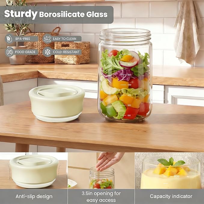 LAKUMIQI Overnight Oats Containers with Lids, 2 Pack 27oz Glass Jars with Airtight Lids, Wide Mouth Mason Jars, Food Coffee Bean Storage Containers for Yogurt, Chia Pudding, Snack, Salad(Blue+Grey)