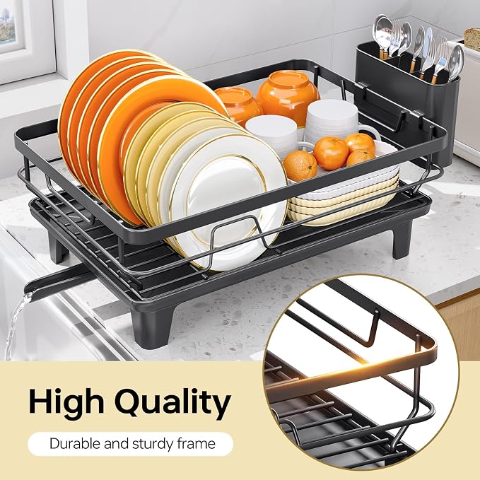 TOOLF Dish Drying Rack, Small Dish Racks for Kitchen Counter, Stainless Steel Sink Organization and Storage Essentials with Cutlery Holder, Dish Drainer, Home and Appartment Decor, Black
