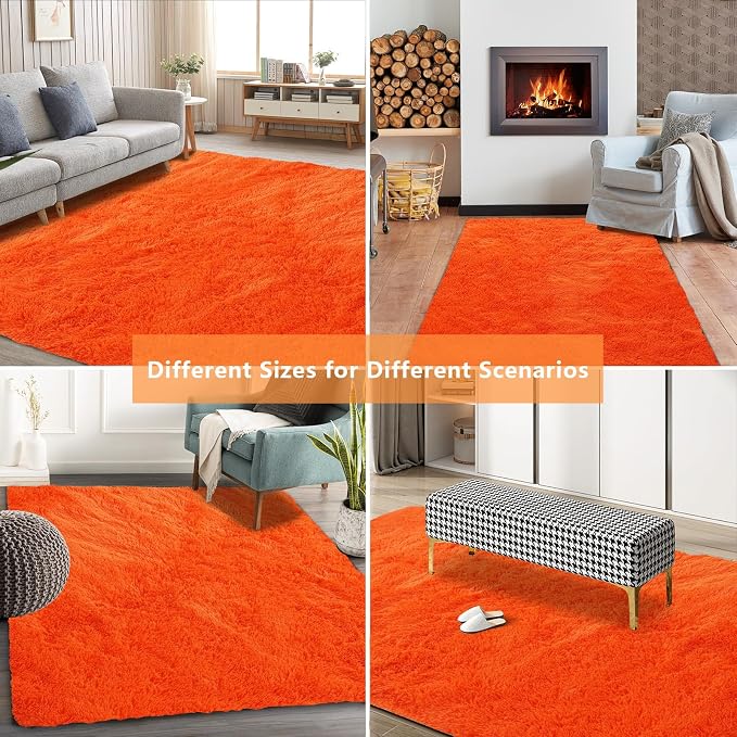 Orange Shag Area Rugs for Bedroom Living Room,8X10 Ultra Soft Fluffy Area Rugs for Dorm,Indoor Carpet Plush Rugs for Living Room Home Halloween Decor