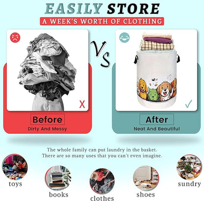 Happy Colorful Dogs Laundry Hamper With Handles Foldable Cute Animals Dog Oxford Cloth Tote Bag Funny Laundry Basket Clothes Toy Storage Bucket 18.9" x 16.5"For Bathroom/Laundry/Bedroom