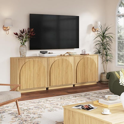 win2win Fluted Sideboard Buffet Cabinet with Storage, 31.5" Modern Boho Accent Cabinet with Double-Layered Arch Doors, Small Wood Console Credenza for Living Room, Dining Room, Entryway, Oak, 2PCS
