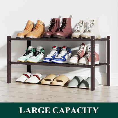 Smiry Bamboo Shoe Rack, 2 Tier Free Standing Wooden Shoe Organizer, Stackable Wood Shoe Storage Shelf for Closet, Entryway, 12 Vertical Slats, One-piece Standard Legs, 26.8"x11"x13", Brown