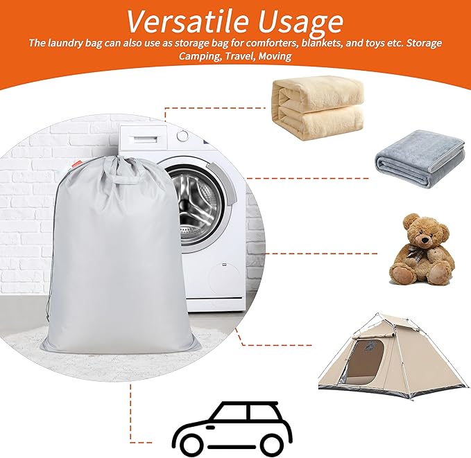 Polecasa Extra Heavy-Duty Laundry Bag 28x36”- Machine Washable Large Storage Bag with Reinforced Handles & Drawstring Closure & ID Tag for College Dorm Travel - Silver