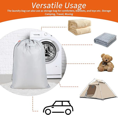 Polecasa Extra Heavy-Duty Laundry Bag 28x36”- Machine Washable Large Storage Bag with Reinforced Handles & Drawstring Closure & ID Tag for College Dorm Travel - Silver