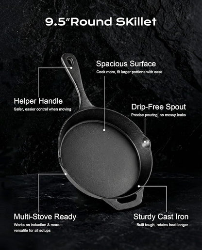Cast Iron Skillets, 9.5 Inch Frying Pan with Teardrop Handle, Oven Safe, Durable Camping Cookware for Stove & Grill Use, Indoor/Outdoor