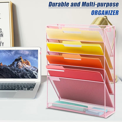 EASEPRES Desk File Organizer Mesh 6-Tier, Hanging Wall Mount Document Organization Stand, Desktop Vertical Mail Paper Folder Holder Rack with Bottom Tray for Office Home Cubicle Countertop, Pink