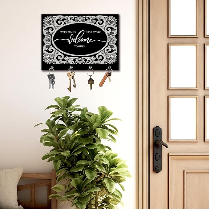 11" x 8" Vintage Solid Wood Wall-Mounted Key Holder - Welcome to Ours - with 4 Metal Hooks for Easy Hanging, Suitable for farmhouses, Homes, bedrooms, Wall Decorations & Gifts (1 Pcs) - A10