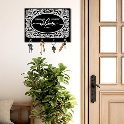 11" x 8" Vintage Solid Wood Wall-Mounted Key Holder - Welcome to Ours - with 4 Metal Hooks for Easy Hanging, Suitable for farmhouses, Homes, bedrooms, Wall Decorations & Gifts (1 Pcs) - A10