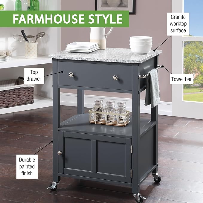 OSP Home Furnishings Fairfax Farmhouse Kitchen Cart with Granite Top, Rolling Storage Cabinet with Towel Rack, Shelf and Drawer, Grey Finish