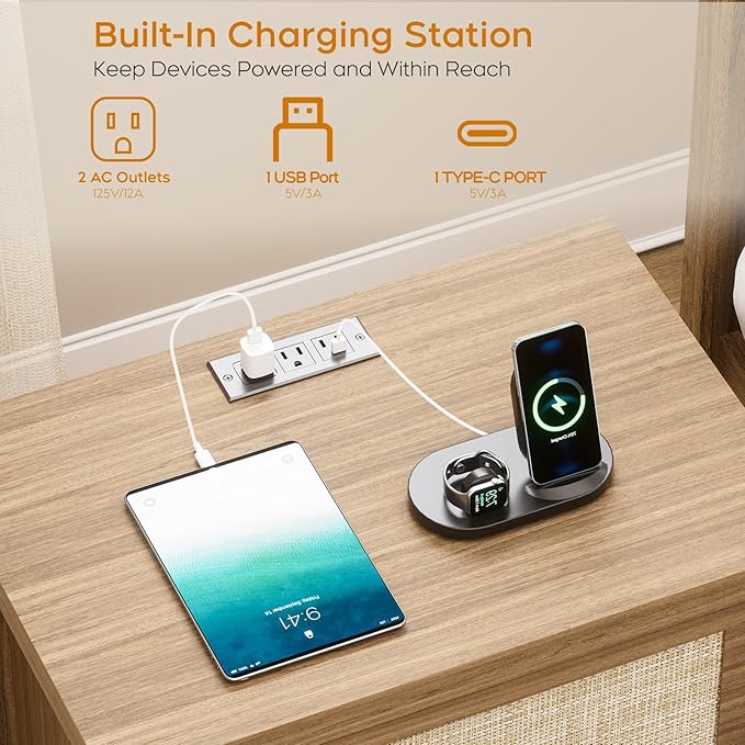 XIAO WEI 3 Drawers Rattan Nightstand with Charging Station, Boho Bedside Table, Farmhouse End Table for Bedroom, Wood Accent Bed Side Table with Storage, Reclaimed Light Oak