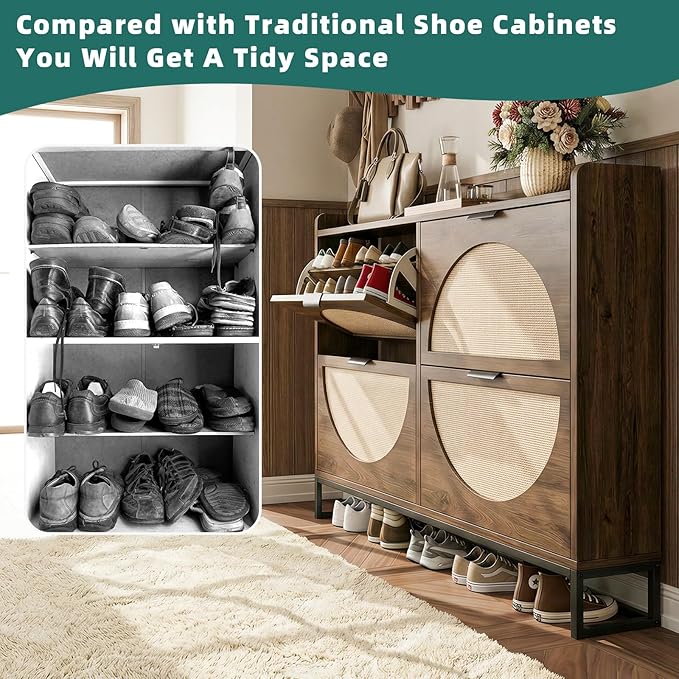 Shoe Storage Cabinet for Entryway Wooden Rattan Shoe Cabinet with 4 Flip Drawers Long Hidden Shoes Cabinet Storage with Metal Legs Narrow Shoe Rack Cabinet Shoes Organizer Cabinet for Hallway Oak